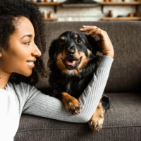 Woman with pet dog on sofa